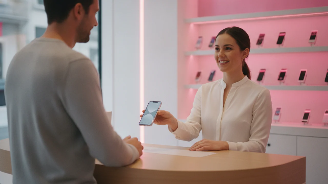 Beraterin reicht einem Kunden im Shop ein neues Smartphone über den Tresen