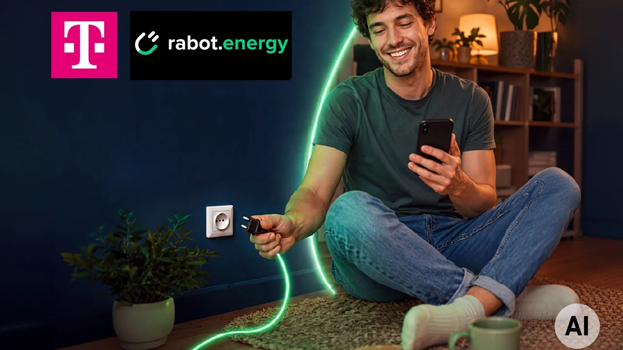Junger Mann sitzt mit Smartphone auf dem Boden und steckt einen Stecker in die Steckdose, daneben die Logos von Telekom und Rabot Energy
