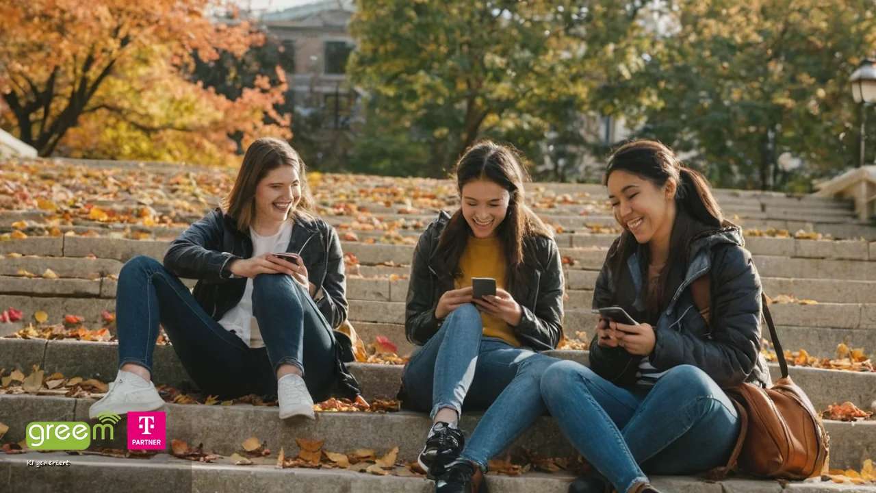 Drei Studentinnen auf Treppenstufen im Herbst schauen gemeinsam auf ein Smartphone