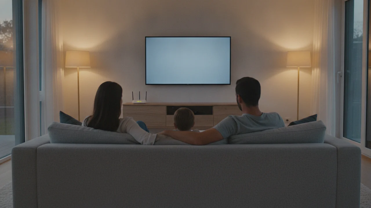 Familie sitzt abends im Wohnzimmer vor dem Fernseher, daneben ein Router auf dem Sideboard