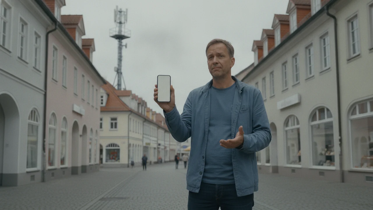 Mann steht in einer Innenstadt und schaut ratlos auf sein Smartphone, im Hintergrund ein Mobilfunkmast