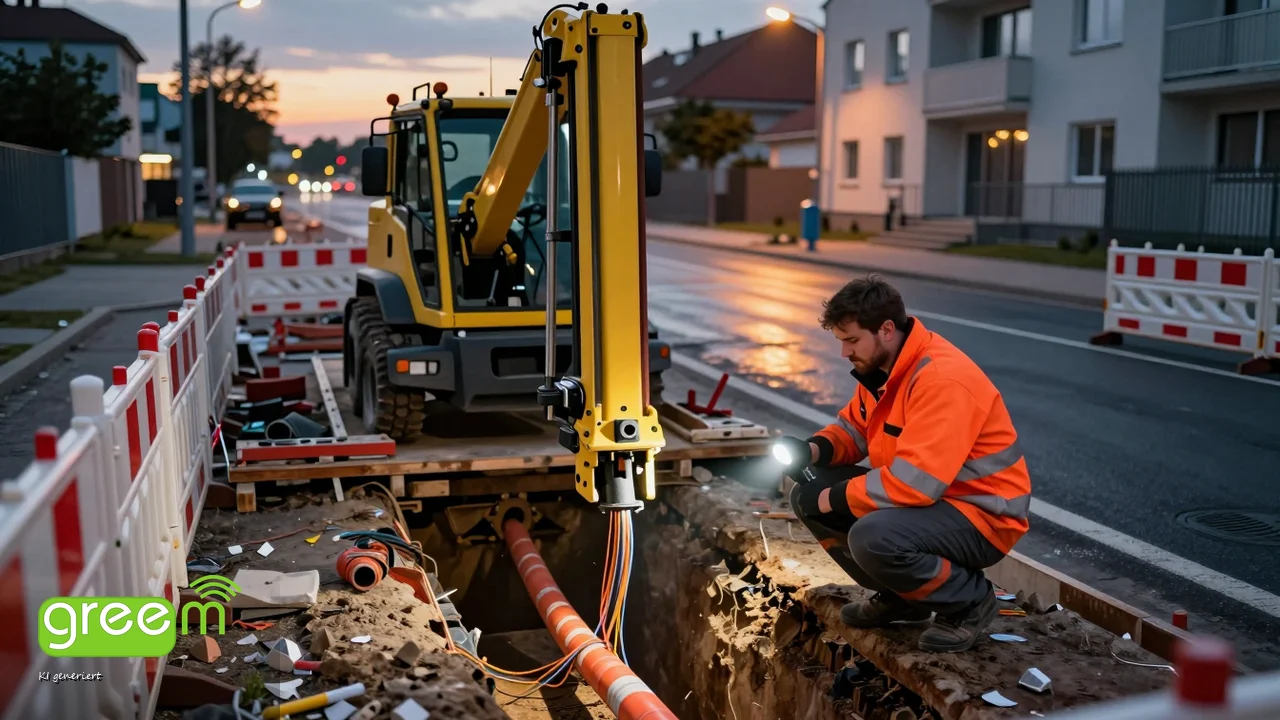Baustelle am Straßenrand in der Abenddämmerung, in einer offenen Grube liegt ein durchtrenntes orangefarbenes Glasfaserrohr, daneben ein Bohrgerät und ein Techniker mit Taschenlampe