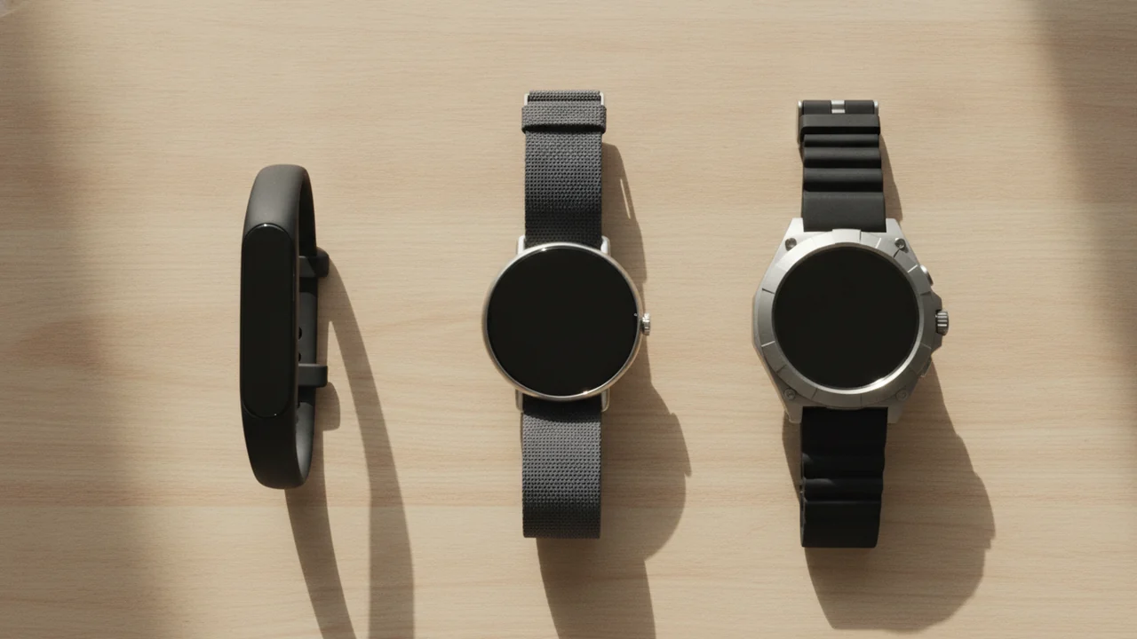 Fitness-Armband, runde Smartwatch und robuste Sportuhr nebeneinander auf einem Holztisch