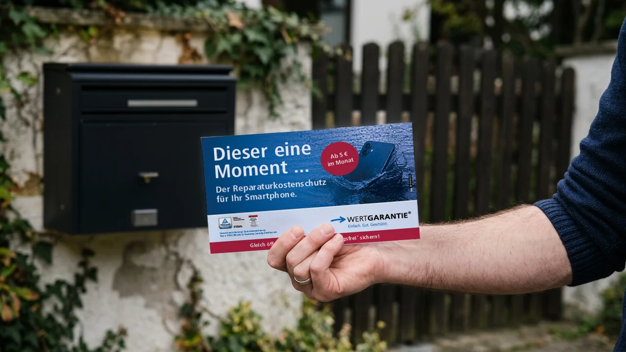 Hand h&auml;lt das WERTGARANTIE-Mailing f&uuml;r den Smartphone-Reparaturkostenschutz vor einem Briefkasten