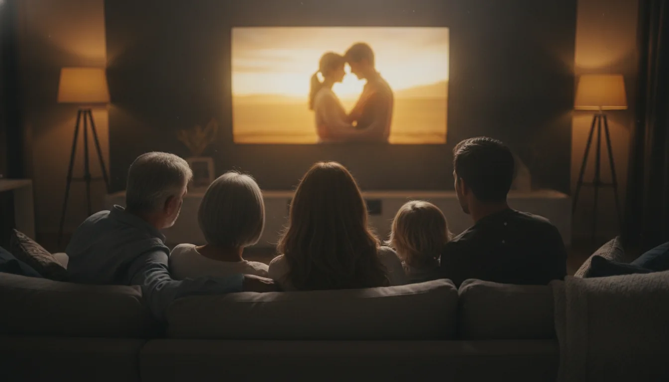 Familie sitzt von hinten auf dem Sofa und schaut gemeinsam auf den laufenden Fernseher